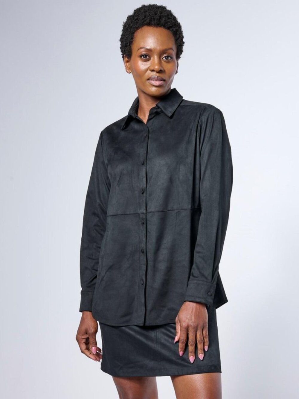 NWT Super Soft G by Giuliana Women's Faux Suede Button-Down Shirt Black